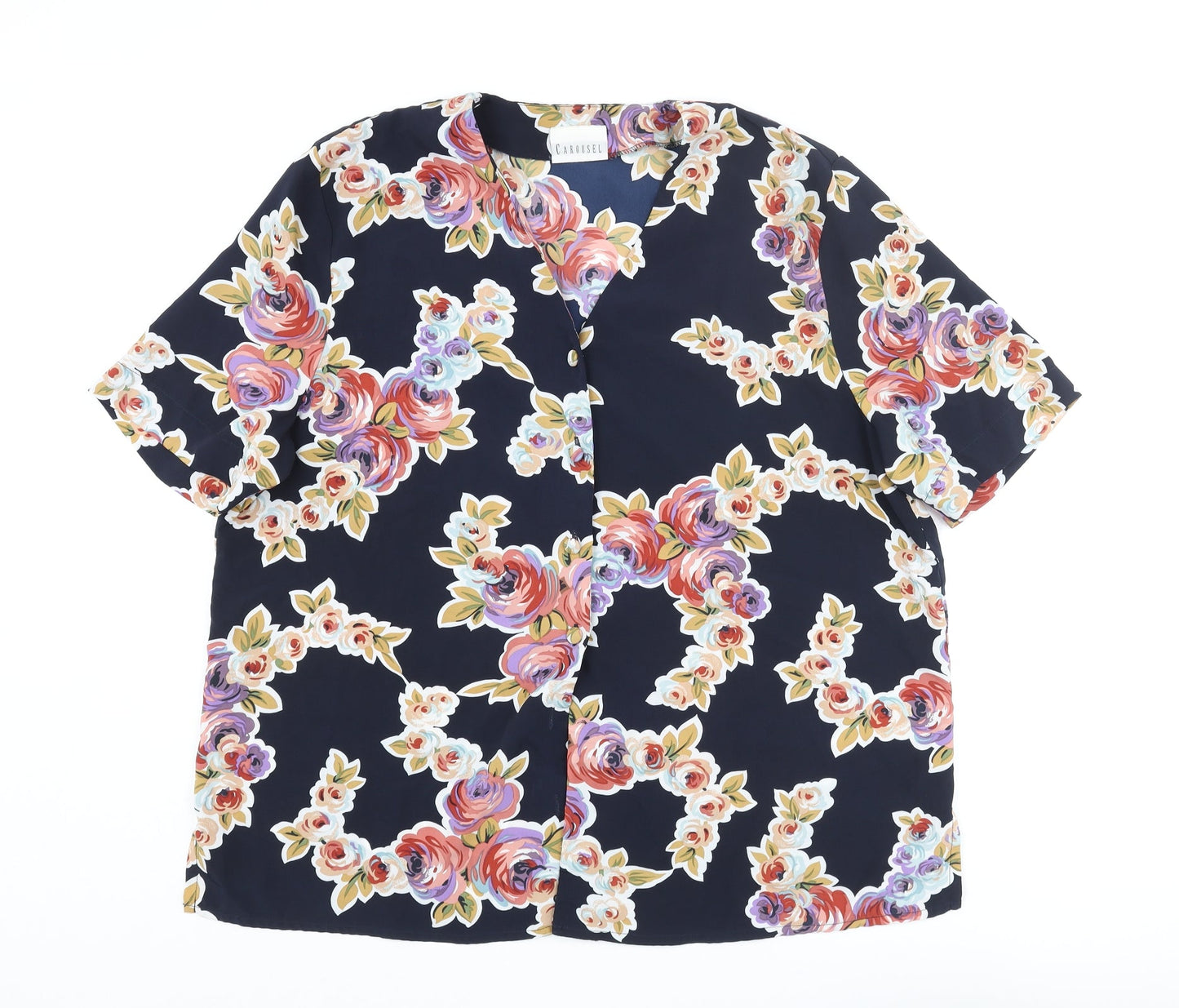 Carousel Womens Blue Floral Polyester Basic Button-Up Size 20 V-Neck