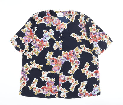 Carousel Womens Blue Floral Polyester Basic Button-Up Size 20 V-Neck