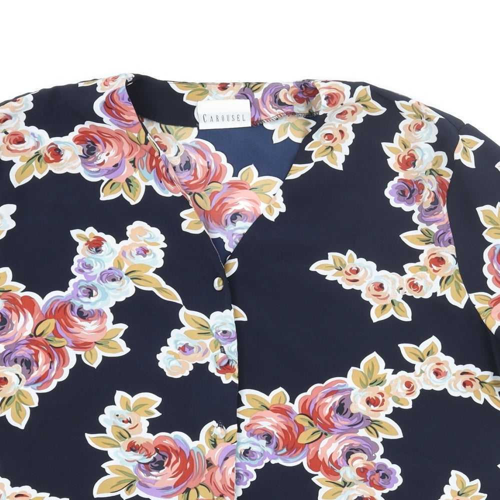 Carousel Womens Blue Floral Polyester Basic Button-Up Size 20 V-Neck