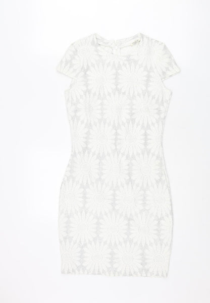 River Island Womens Silver Floral Polyester Bodycon Size 8 Round Neck Zip