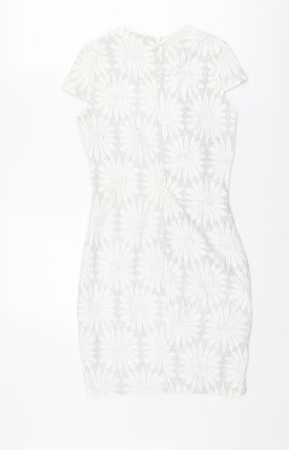 River Island Womens Silver Floral Polyester Bodycon Size 8 Round Neck Zip