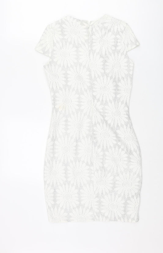 River Island Womens Silver Floral Polyester Bodycon Size 8 Round Neck Zip