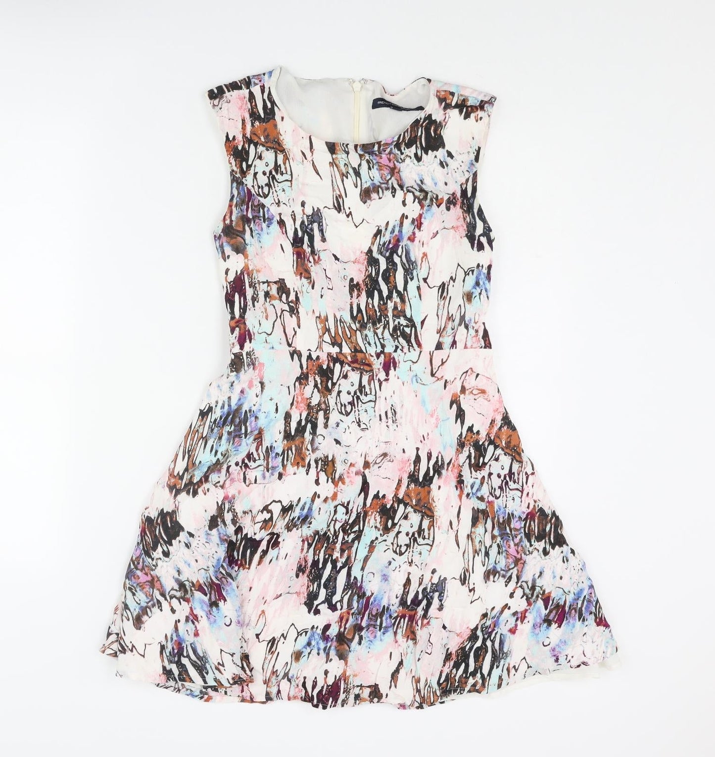 French Connection Womens Multicoloured Geometric Viscose Skater Dress Size 8 Roll Neck Zip