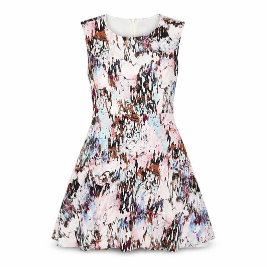 Front view of French Connection women’s multicoloured geometric viscose skater dress, size UK 8, roll neck zip