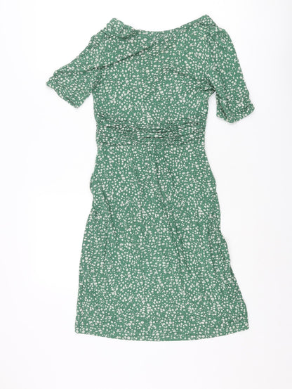 Great Plains London Womens Green Polka Dot Viscose Shift Size XS V-Neck Pullover - Rouched