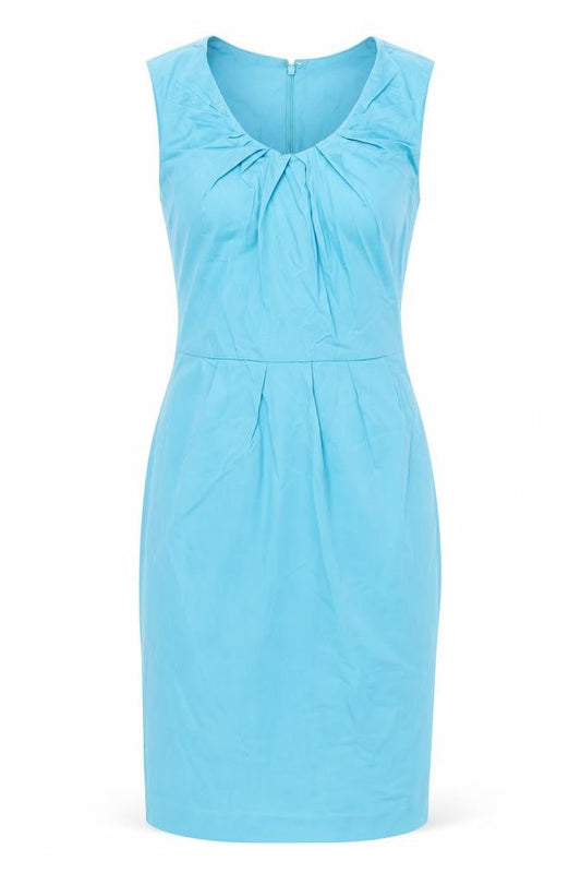 Warehouse Womens Blue Cotton Pencil Dress Size 10 Scoop Neck Zip - Rouched