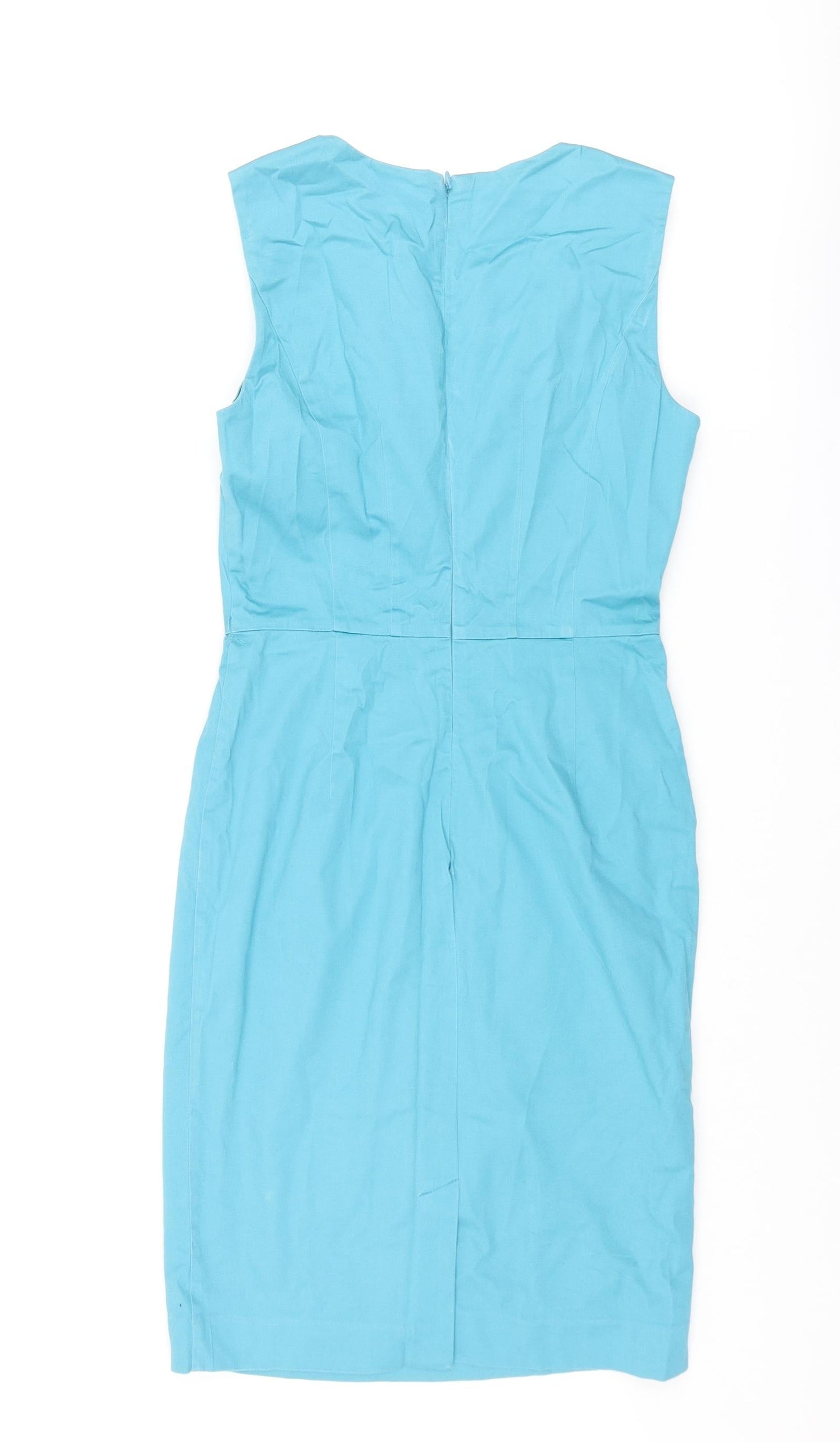 Warehouse Womens Blue Cotton Pencil Dress Size 10 Scoop Neck Zip - Rouched