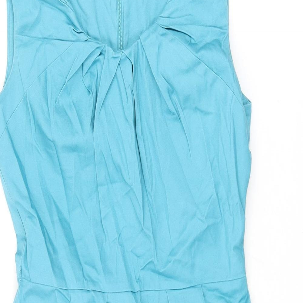 Warehouse Womens Blue Cotton Pencil Dress Size 10 Scoop Neck Zip - Rouched