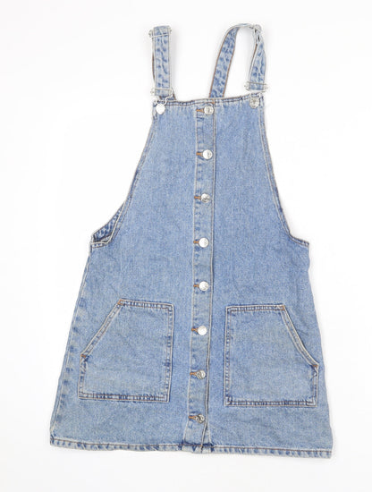 Denim & Co. Womens Blue 100% Cotton Pinafore/Dungaree Dress Size 8 Square Neck Button
