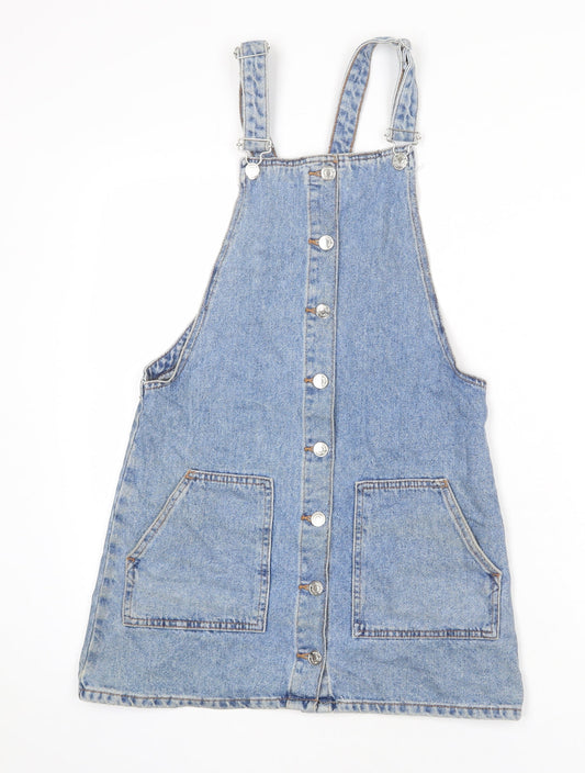 Denim & Co. Womens Blue 100% Cotton Pinafore/Dungaree Dress Size 8 Square Neck Button