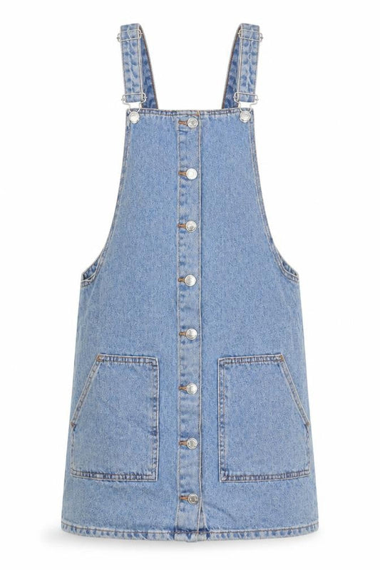 Front view of Denim & Co. women’s blue 100% cotton pinafore/dungaree dress, size UK 8, square neck button