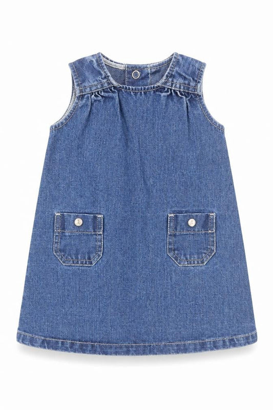 Petit Bateau Girls Blue 100% Cotton Pinafore/Dungaree Dress Size 6-9 Months Round Neck Snap - Floral Buttons, 6 Months