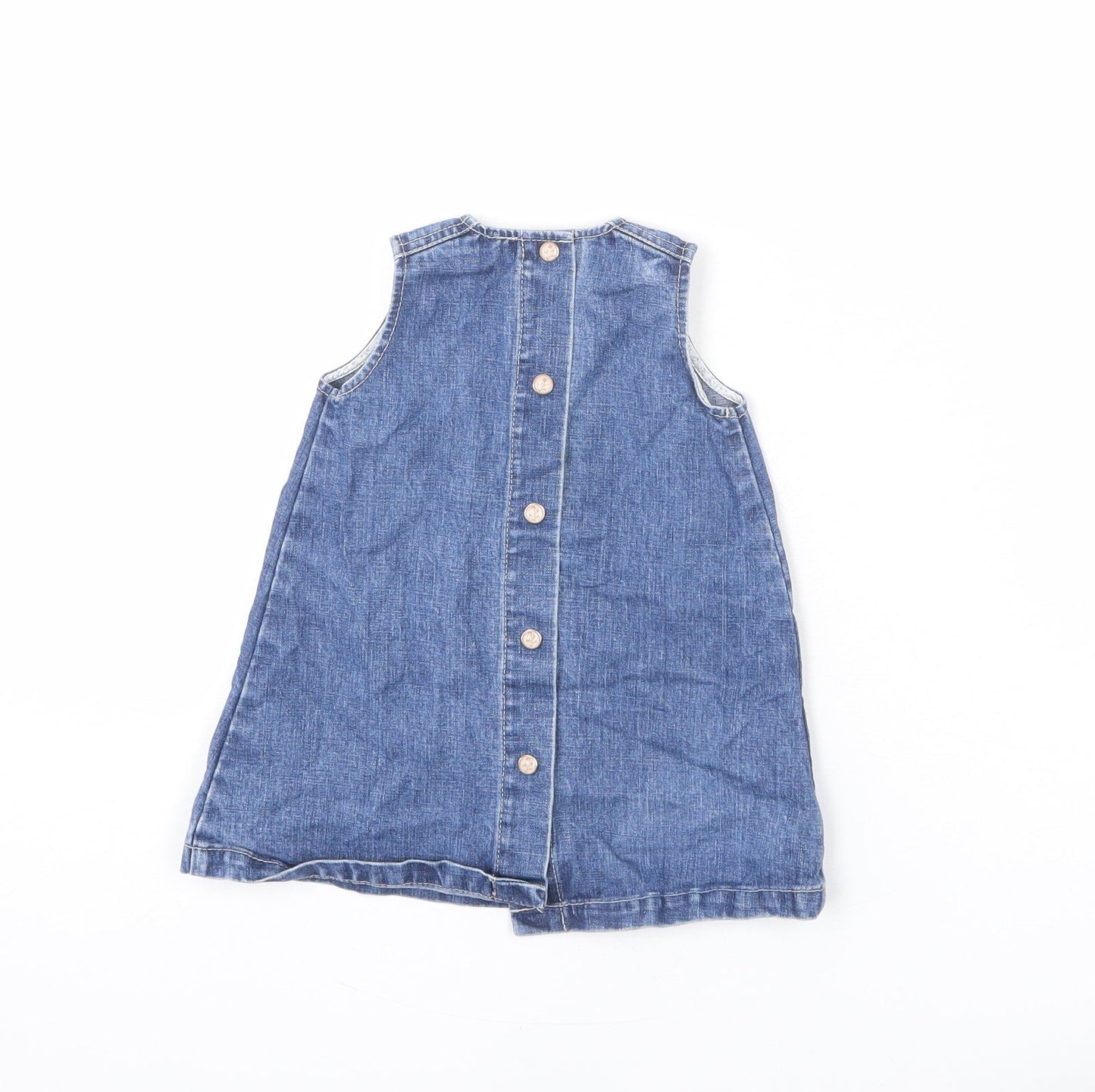 Petit Bateau Girls Blue 100% Cotton Pinafore/Dungaree Dress Size 6-9 Months Round Neck Snap - Floral Buttons, 6 Months