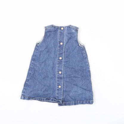Petit Bateau Girls Blue 100% Cotton Pinafore/Dungaree Dress Size 6-9 Months Round Neck Snap - Floral Buttons, 6 Months
