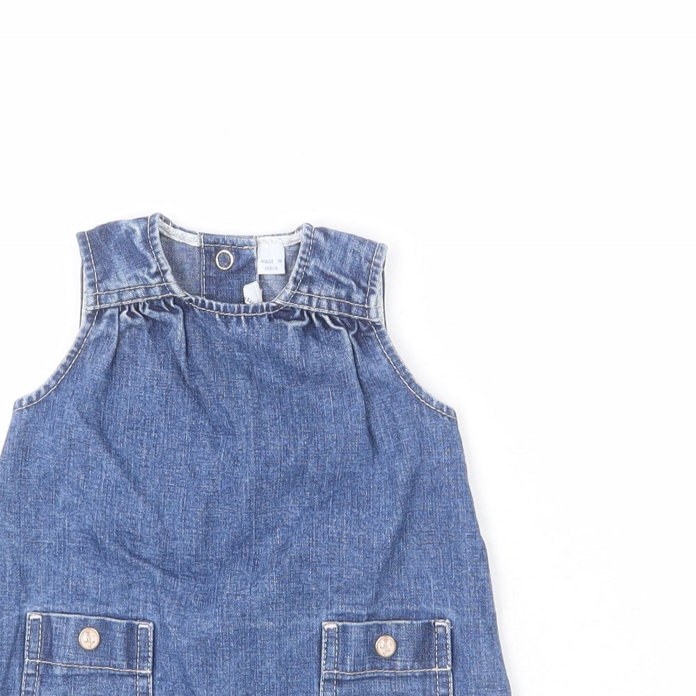 Petit Bateau Girls Blue 100% Cotton Pinafore/Dungaree Dress Size 6-9 Months Round Neck Snap - Floral Buttons, 6 Months