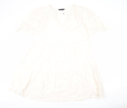 Marks and Spencer Womens Beige Geometric 100% Cotton A-Line Size 12 V-Neck Pullover - Bows