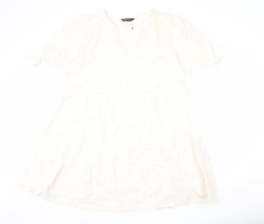 Marks and Spencer Womens Beige Geometric 100% Cotton A-Line Size 12 V-Neck Pullover - Bows