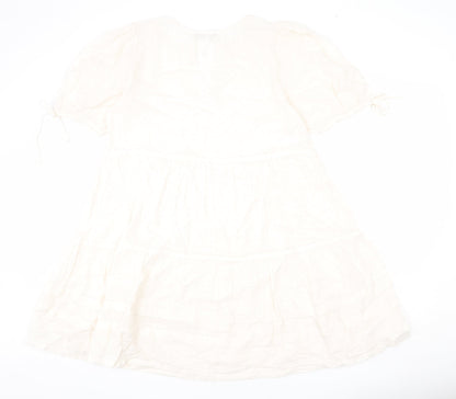 Marks and Spencer Womens Beige Geometric 100% Cotton A-Line Size 12 V-Neck Pullover - Bows