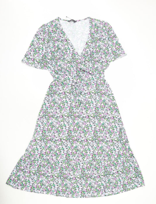 Marks and Spencer Womens Multicoloured Floral Viscose A-Line Size 8 V-Neck Pullover