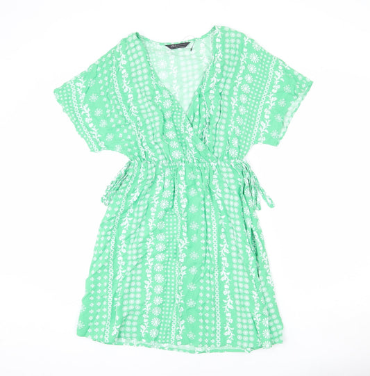 Marks and Spencer Womens Green Geometric Viscose A-Line Size 8 V-Neck Pullover - Tie Detail