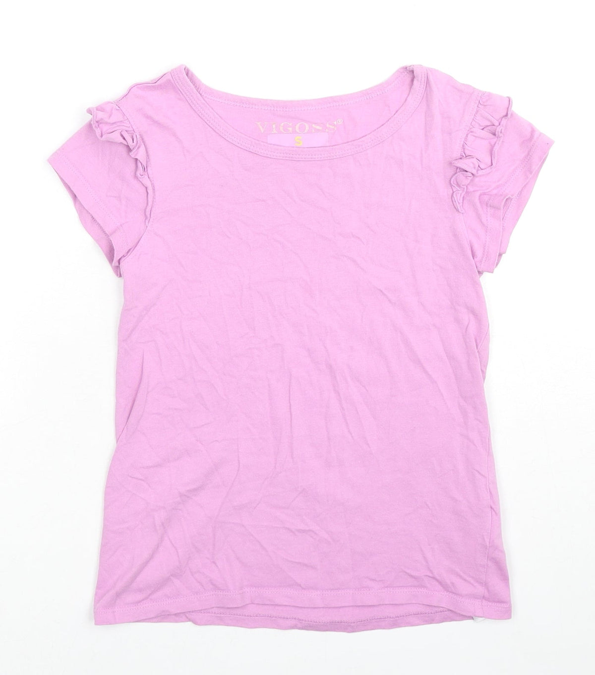 Additional front view of VIGOSS girls’ pink cotton basic t-shirt, size S, round neck pullover - ruffle