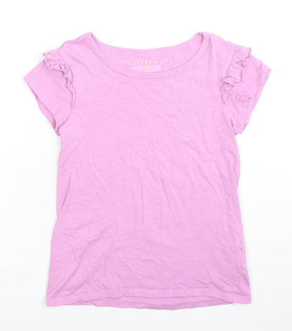 Additional front view of VIGOSS girls’ pink cotton basic t-shirt, size S, round neck pullover - ruffle