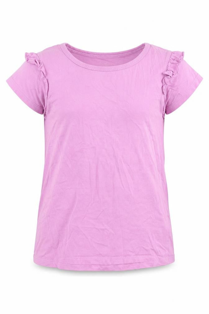 Front view of VIGOSS girls’ pink cotton basic t-shirt, size S, round neck pullover - ruffle