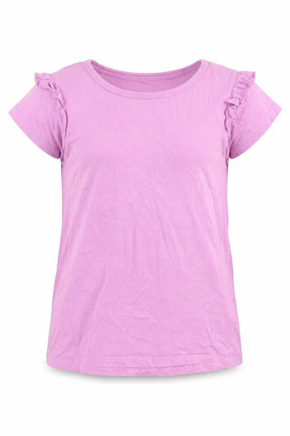 Front view of VIGOSS girls’ pink cotton basic t-shirt, size S, round neck pullover - ruffle