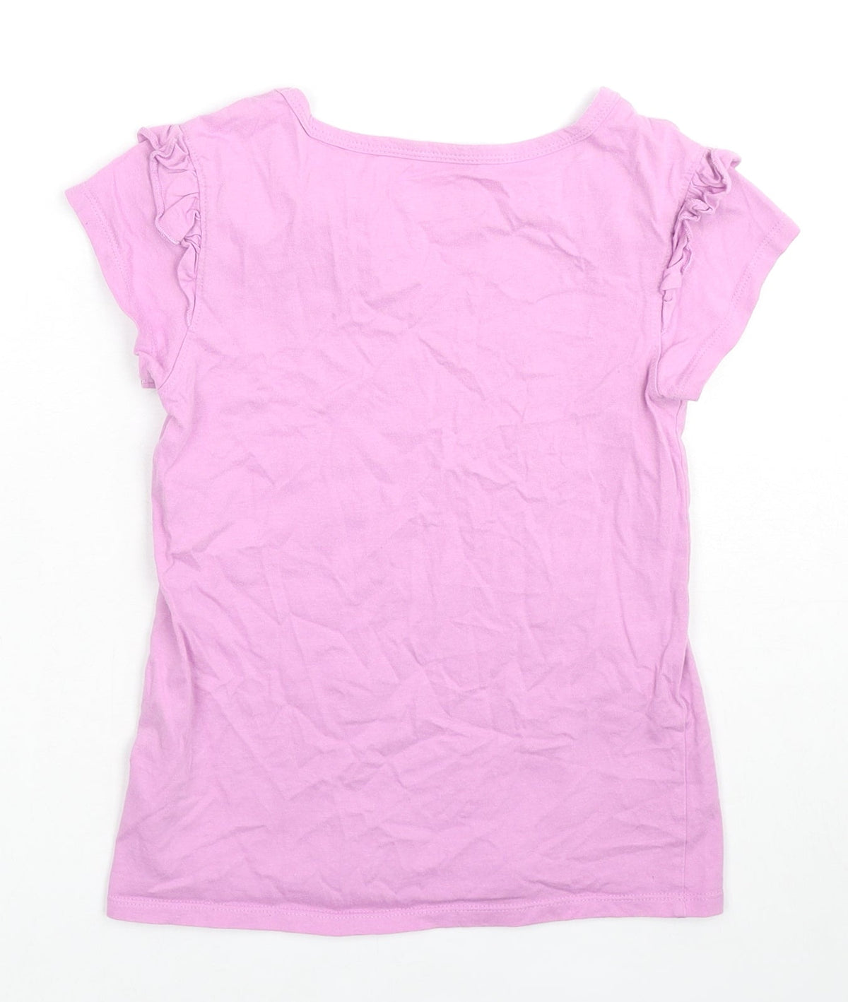 Back view of VIGOSS girls’ pink cotton basic t-shirt, size S, round neck pullover - ruffle
