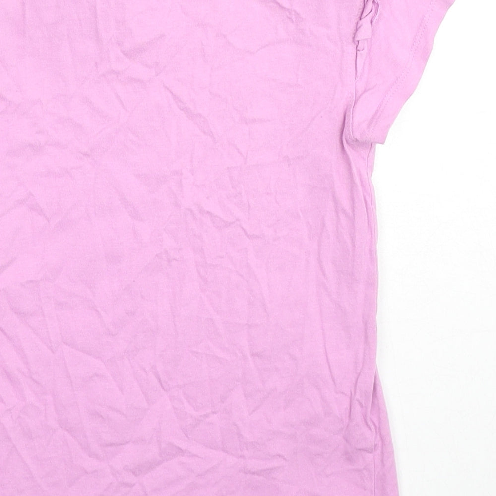 Brand and care label for VIGOSS girls’ pink cotton basic t-shirt, size S, round neck pullover - ruffle
