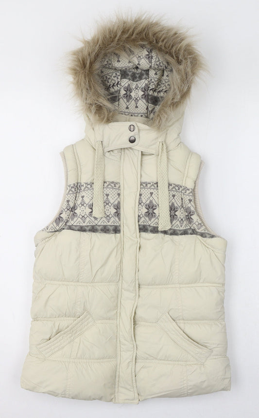 New Look Womens Beige Gilet Jacket Size 10 Zip - Faux Fur Hood, Puffer Jacket