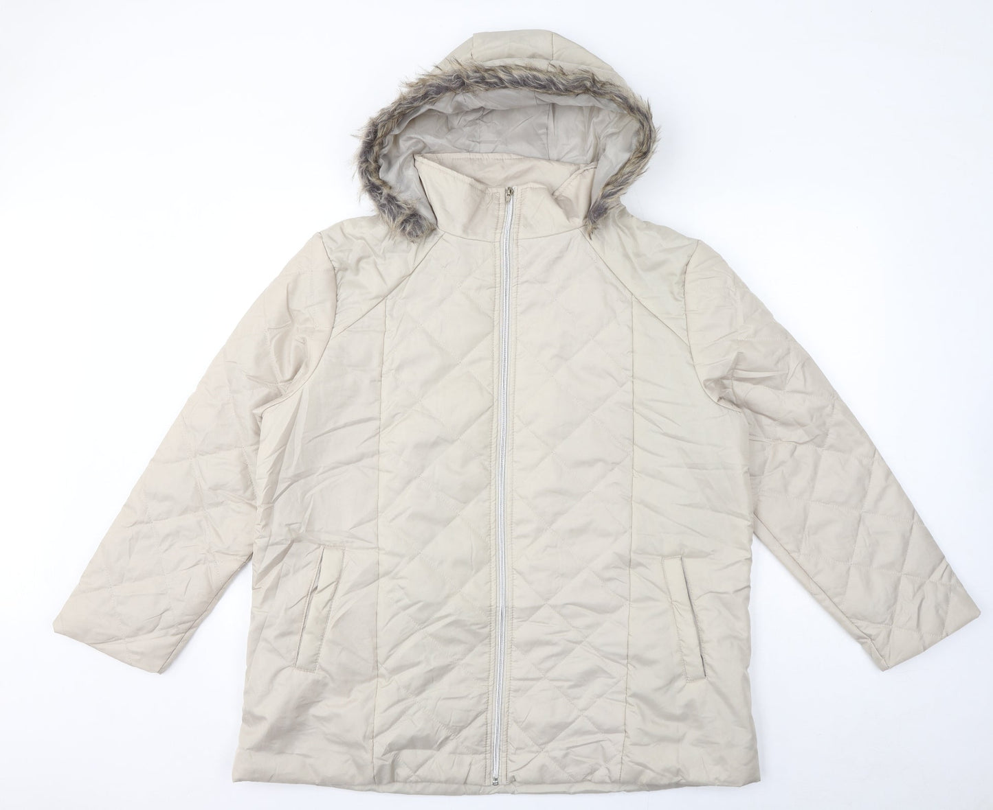 Anne De Lancay Womens Ivory Quilted Coat Size L Zip - Faux Fur Hood