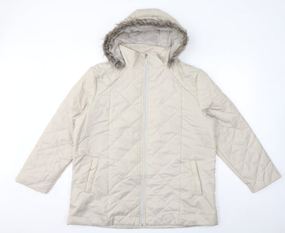 Anne De Lancay Womens Ivory Quilted Coat Size L Zip - Faux Fur Hood