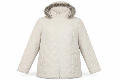 Front view of Anne De Lancay women’s ivory quilted coat, size L, zip - faux fur hood