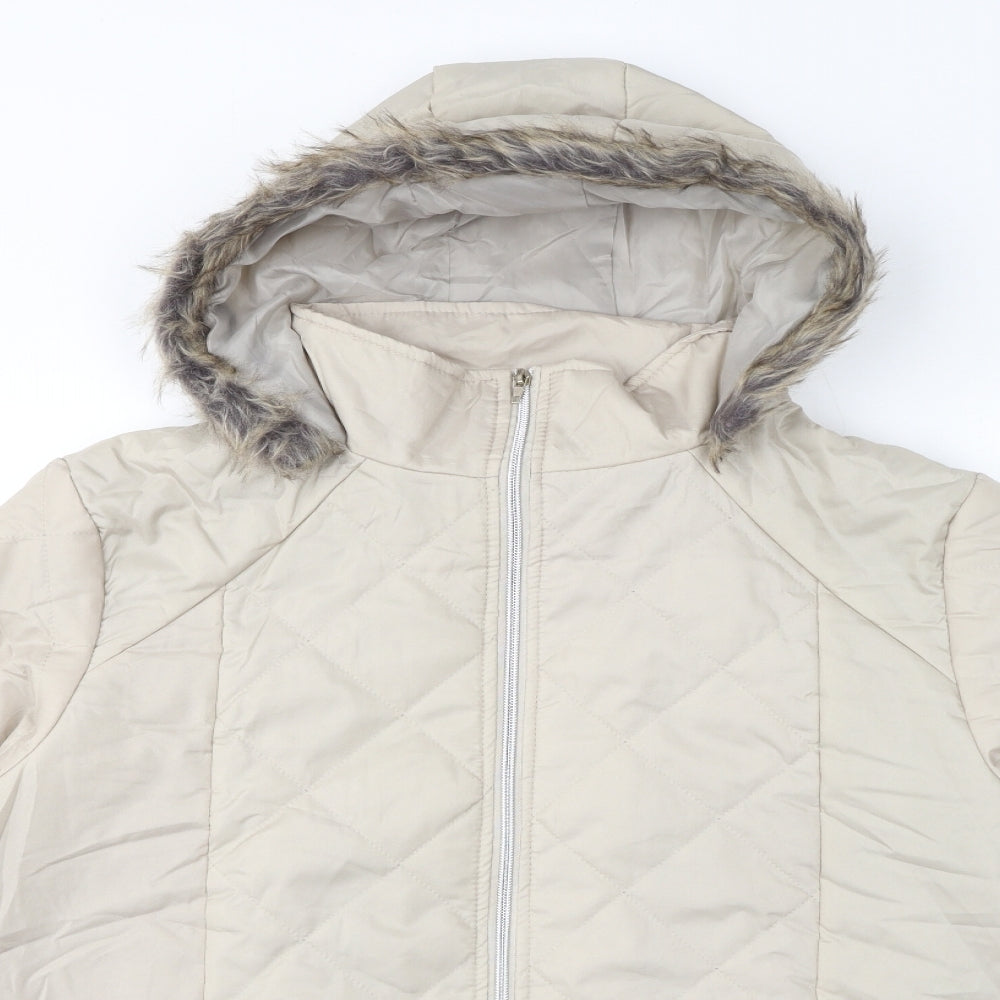 Anne De Lancay Womens Ivory Quilted Coat Size L Zip - Faux Fur Hood