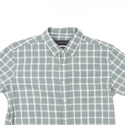 Red Herring Mens Green Check Cotton Button-Up Size M Round Neck Button