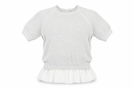 Front view of French Connection women’s grey round neck cotton jumper, size S, - lace trim, button closure on back