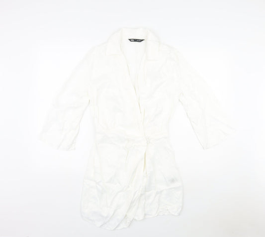 Zara Womens White Viscose A-Line Size S V-Neck Button