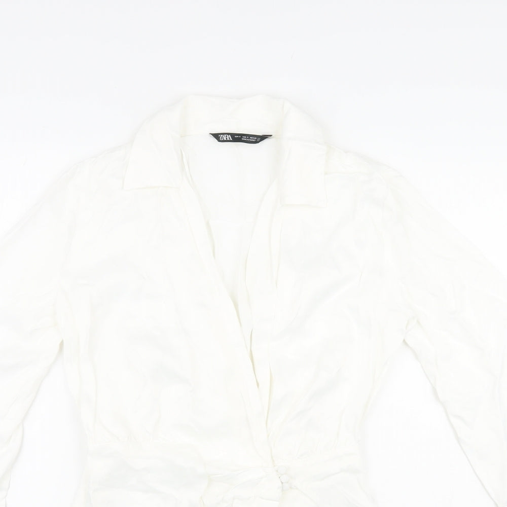Zara Womens White Viscose A-Line Size S V-Neck Button