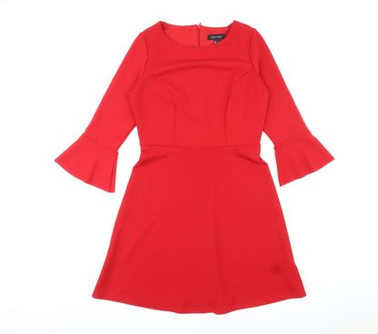 New Look Womens Red Polyester Skater Dress Size 8 Round Neck Zip