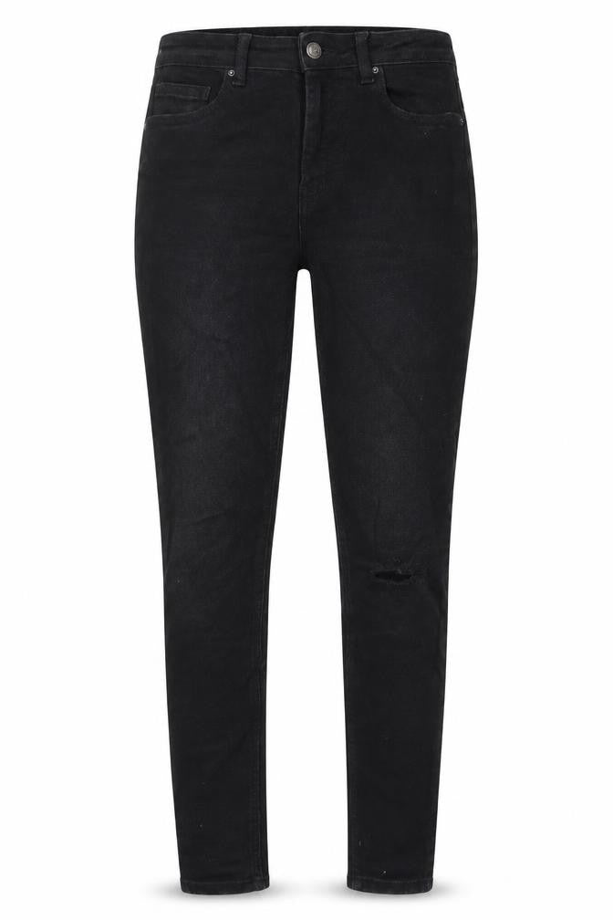 Front view of Denim & Co. women’s black cotton skinny jeans, size UK 10 regular zip - pockets, belt loops, ripped knee