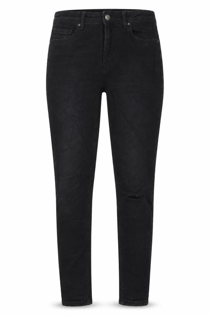 Front view of Denim & Co. women’s black cotton skinny jeans, size UK 10 regular zip - pockets, belt loops, ripped knee