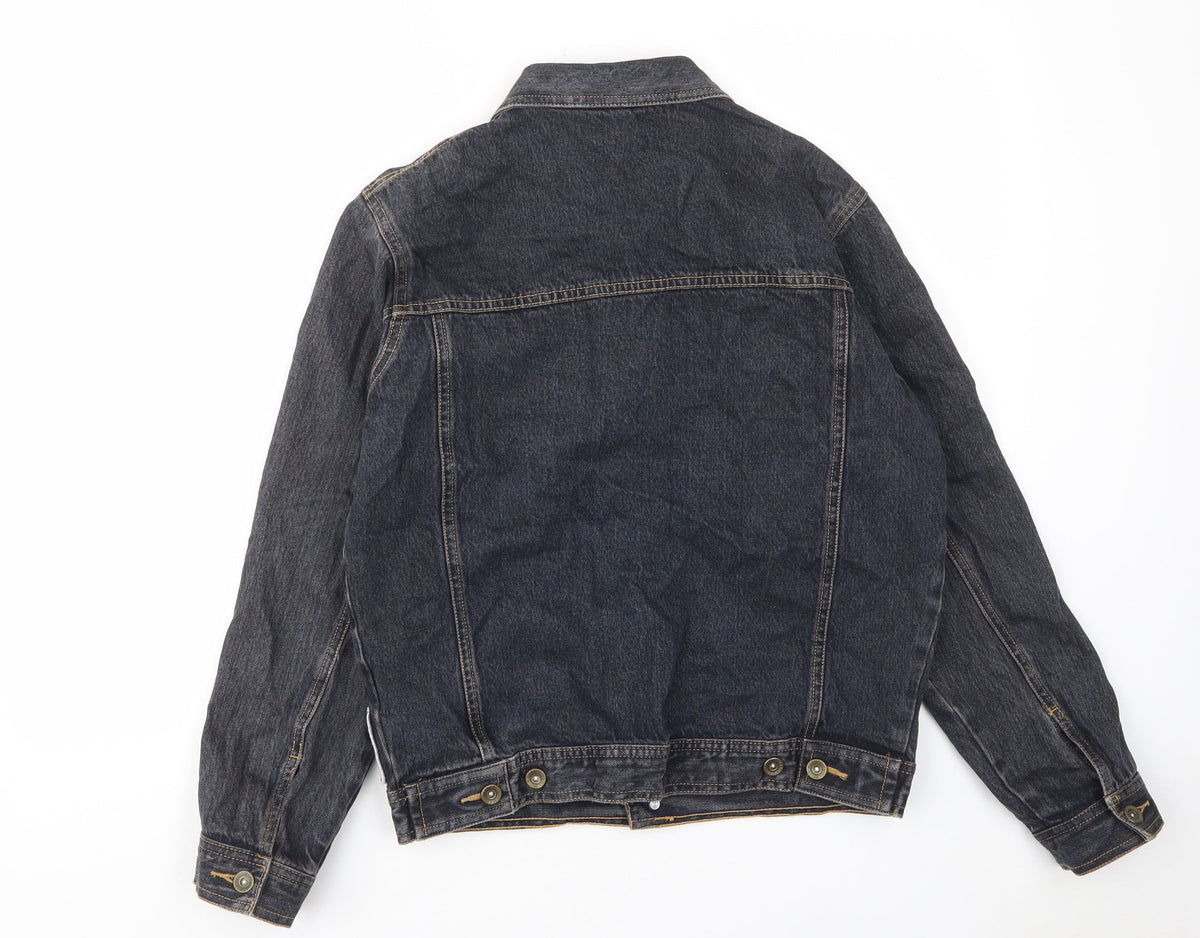 Back view of TCM boys’ blue jacket, size 16, years button - pockets, buttons, embroided