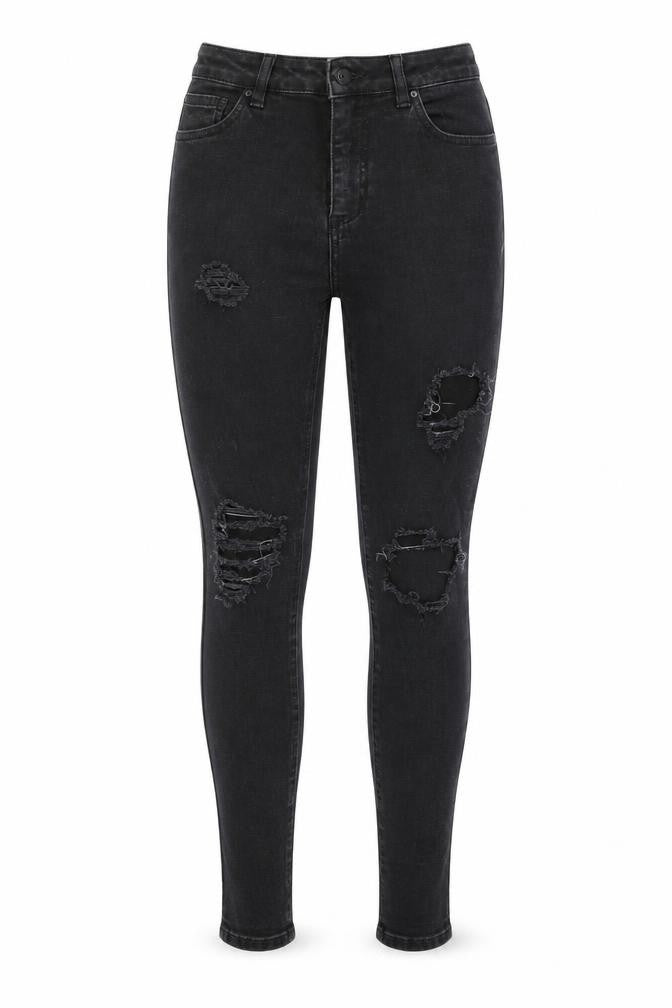 Front view of Denim & Co. women’s black cotton skinny jeans, size UK 10, 28-inch leg regular zip - pockets, belt loops