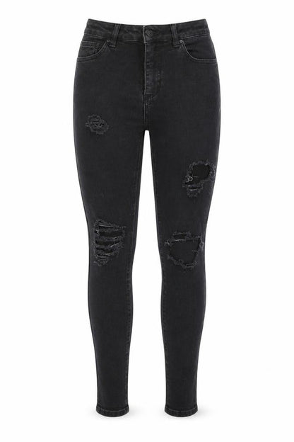Front view of Denim & Co. women’s black cotton skinny jeans, size UK 10, 28-inch leg regular zip - pockets, belt loops