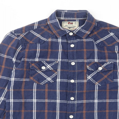 Duke London Mens Blue Plaid Cotton Button-Up Size S Collared Button - Pockets, Buttons