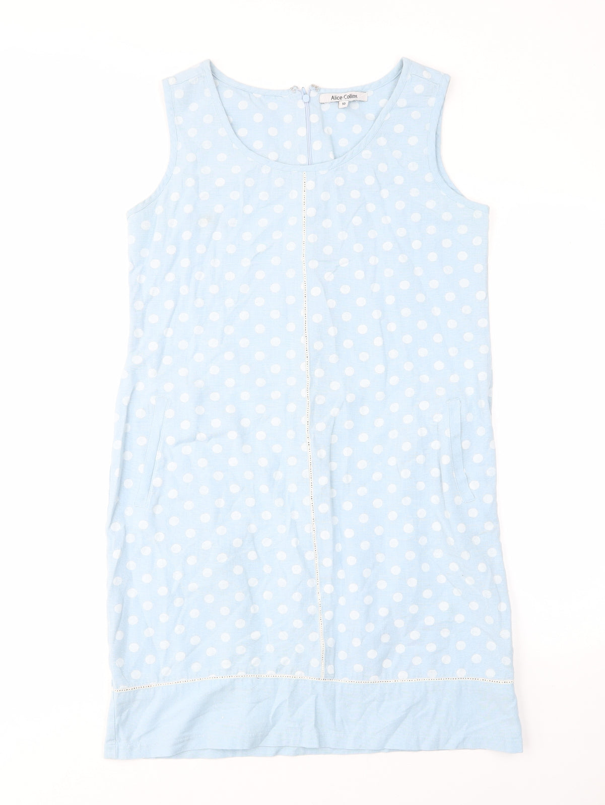 Alice Collins Womens Blue Polka Dot Linen Sheath Size 10 Scoop Neck Zip - Embroided, Pockets