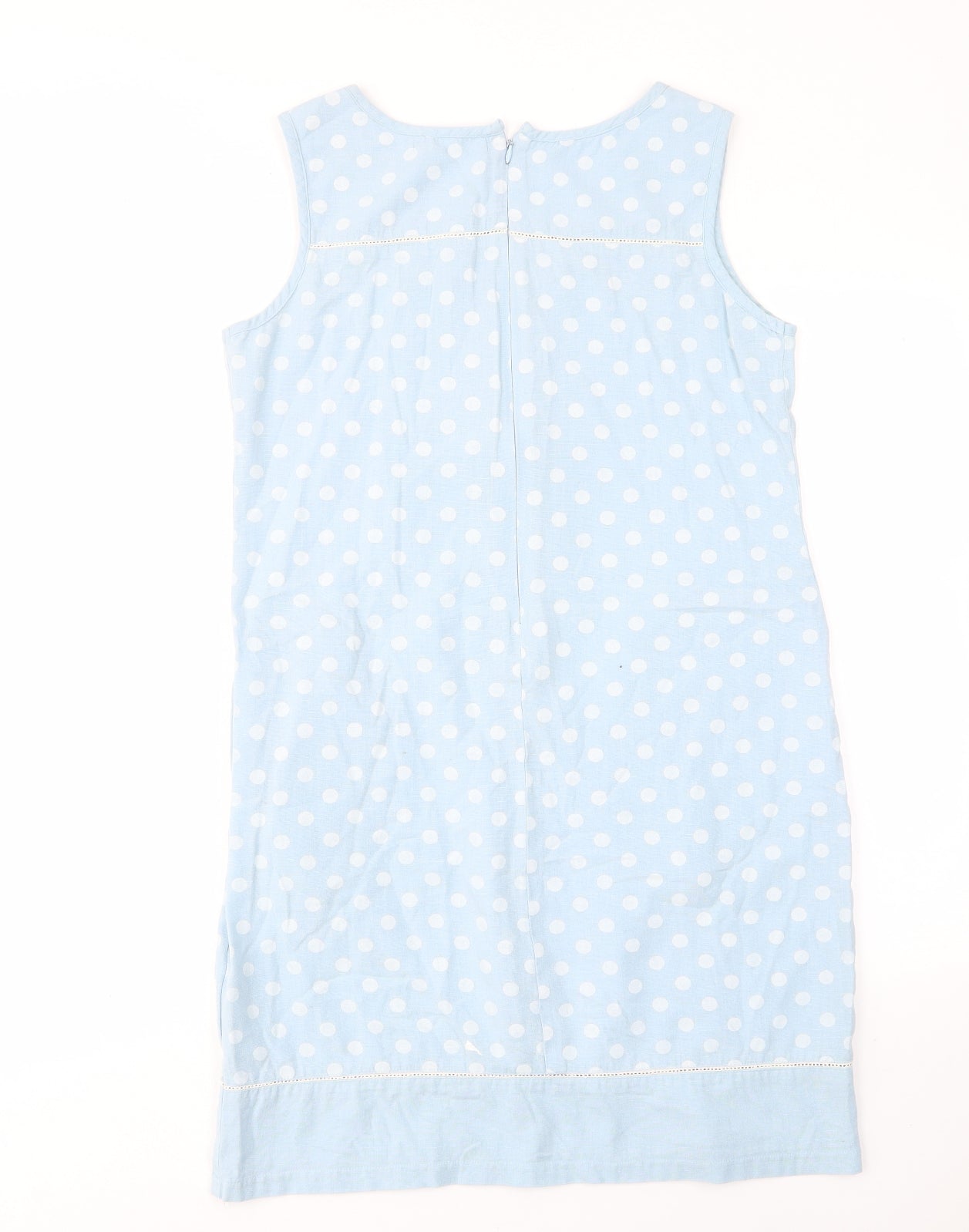 Alice Collins Womens Blue Polka Dot Linen Sheath Size 10 Scoop Neck Zip - Embroided, Pockets