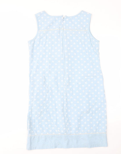 Alice Collins Womens Blue Polka Dot Linen Sheath Size 10 Scoop Neck Zip - Embroided, Pockets