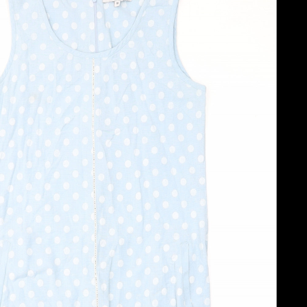 Alice Collins Womens Blue Polka Dot Linen Sheath Size 10 Scoop Neck Zip - Embroided, Pockets